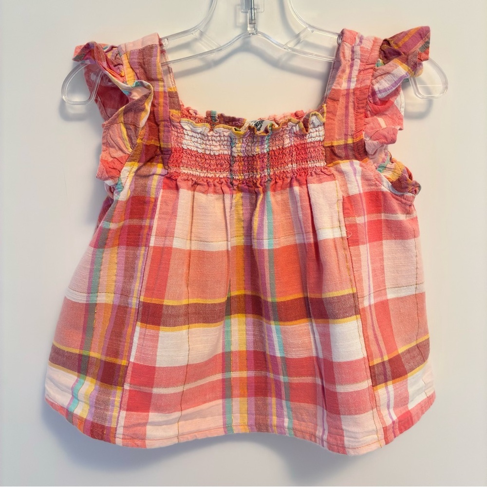 OshKosh B'gosh Toddler Girl Plaid Flutter Sleeve Smocked Top Size 3T